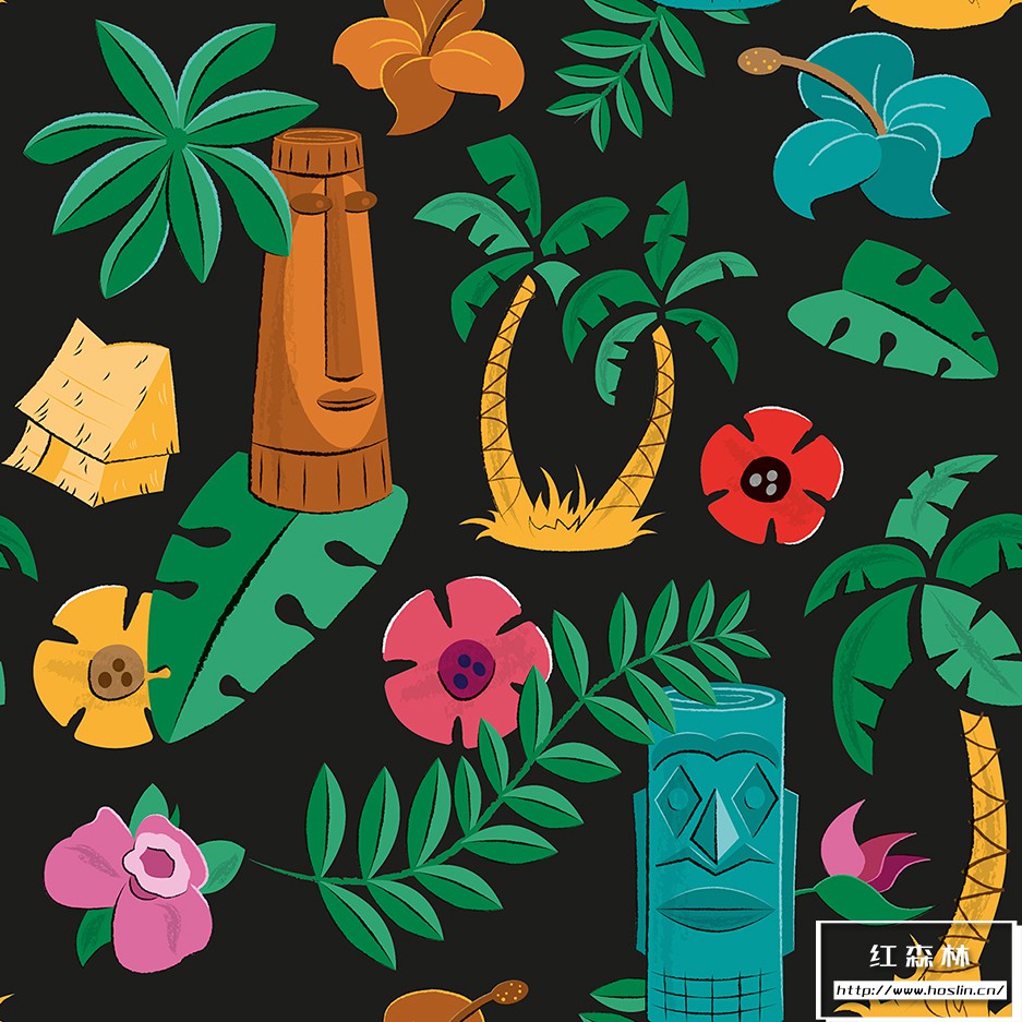 矢量素材8种夏威夷风格版画插画彩色印花无缝矢量图案设计素材tikiand